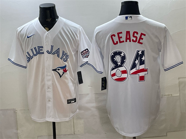 Men's Toronto Blue Jays #84 Dylan Cease White 2026 USA 250 Fourth of July Stitched Baseball Jersey